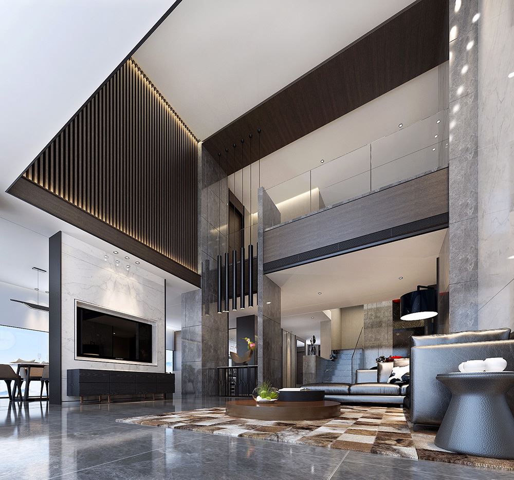 黑白灰现代简约风格室内装修效果图-泸州天湖郦都别墅420平米